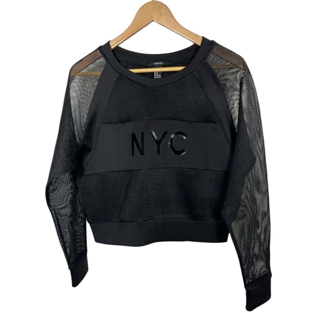 FOREVER 21 Women’s Mesh Sleeve/Shoulder NYC Scuba Fabric Top Black Size Medium